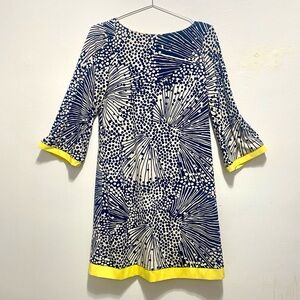 Eliza J Blue and White Floral Print Shift Dress with Yellow Accents